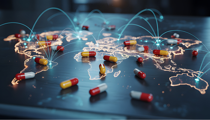 Pharmaceutical pills laying on a world map with lines connecting countries