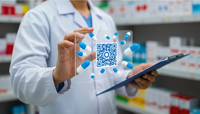 Pharmacist holding up a QR code in between pharmacy shelves