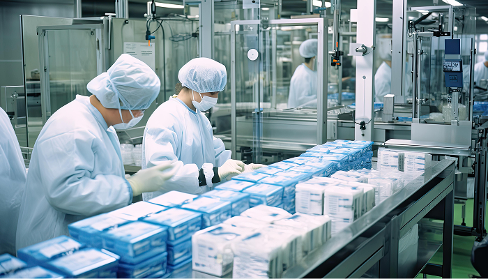 Employees checking pharmaceuticals packaging