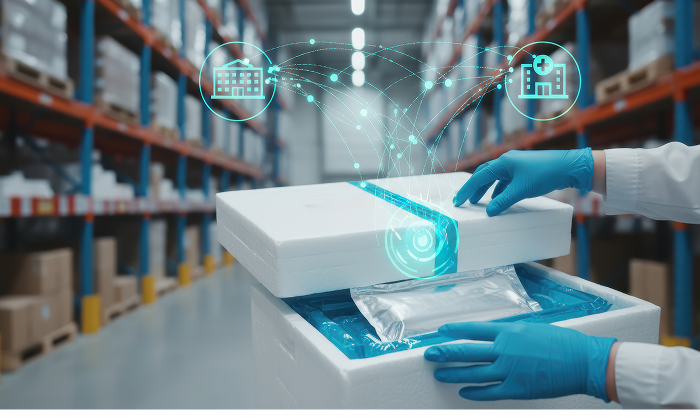 Gloved hands holding a pharmaceutical box in a warehouse